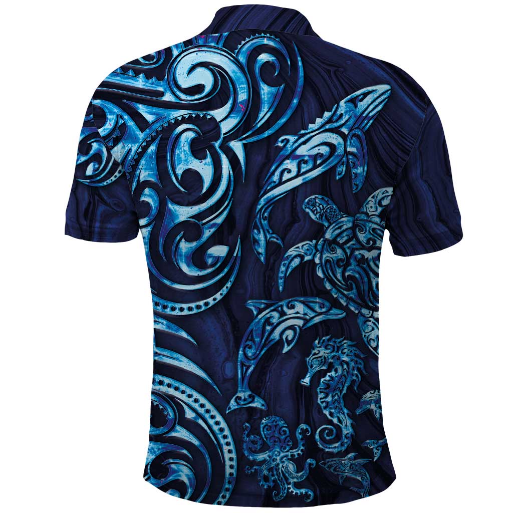 New Zealand Connecting with Seas Polo Shirt Maori Tribal and Sea Animals Tattoo - Sea Texture Glass Style