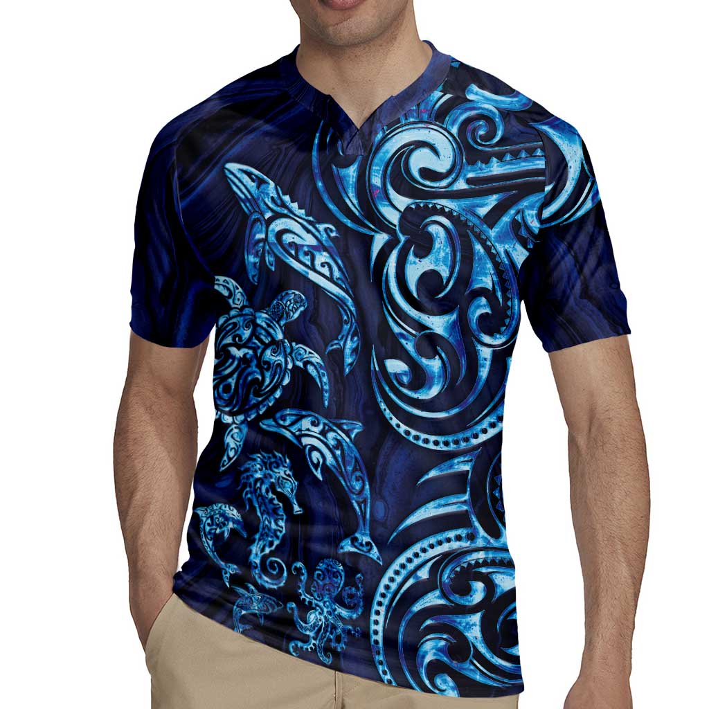 New Zealand Connecting with Seas Rugby Jersey Maori Tribal and Sea Animals Tattoo - Sea Texture Glass Style