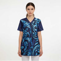 New Zealand Connecting with Seas Scrub Top Maori Tribal and Sea Animals Tattoo - Sea Texture Glass Style - Polynesian Pride
