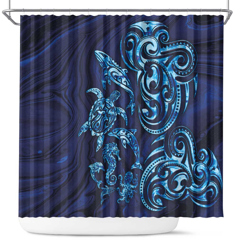 New Zealand Connecting with Seas Shower Curtain Maori Tribal and Sea Animals Tattoo - Sea Texture Glass Style