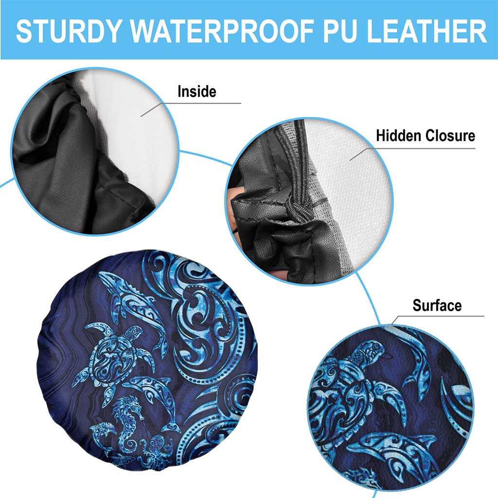 New Zealand Connecting with Seas Spare Tire Cover Maori Tribal and Sea Animals Tattoo - Sea Texture Glass Style