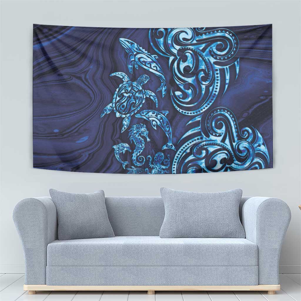 New Zealand Connecting with Seas Tapestry Maori Tribal and Sea Animals Tattoo - Sea Texture Glass Style