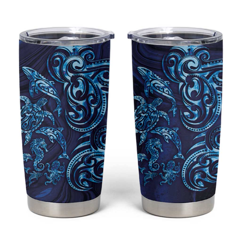 New Zealand Connecting with Seas Tumbler Cup Maori Tribal and Sea Animals Tattoo - Sea Texture Glass Style LT03 Navy - Polynesian Pride