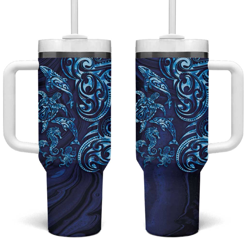 New Zealand Connecting with Seas Tumbler With Handle Maori Tribal and Sea Animals Tattoo - Sea Texture Glass Style LT03 One Size: 40 oz Navy - Polynesian Pride