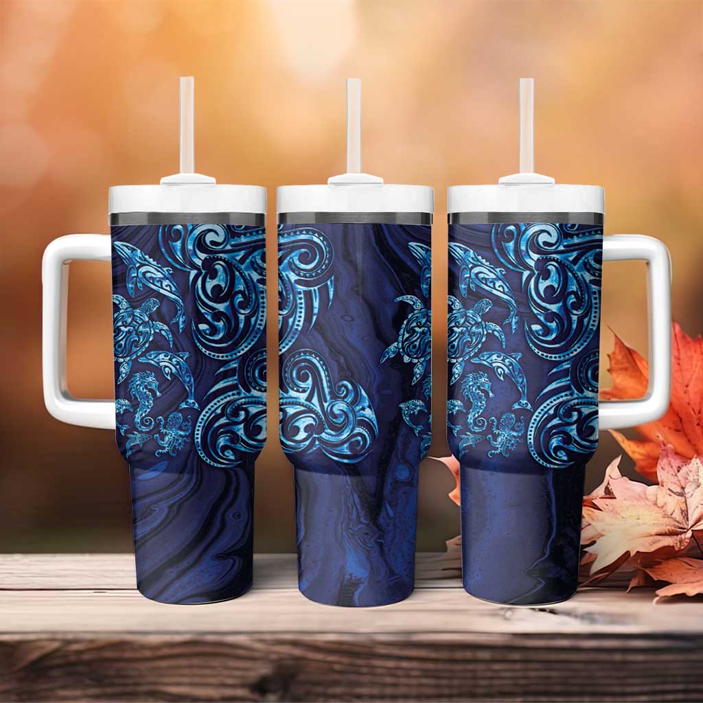 New Zealand Connecting with Seas Tumbler With Handle Maori Tribal and Sea Animals Tattoo - Sea Texture Glass Style