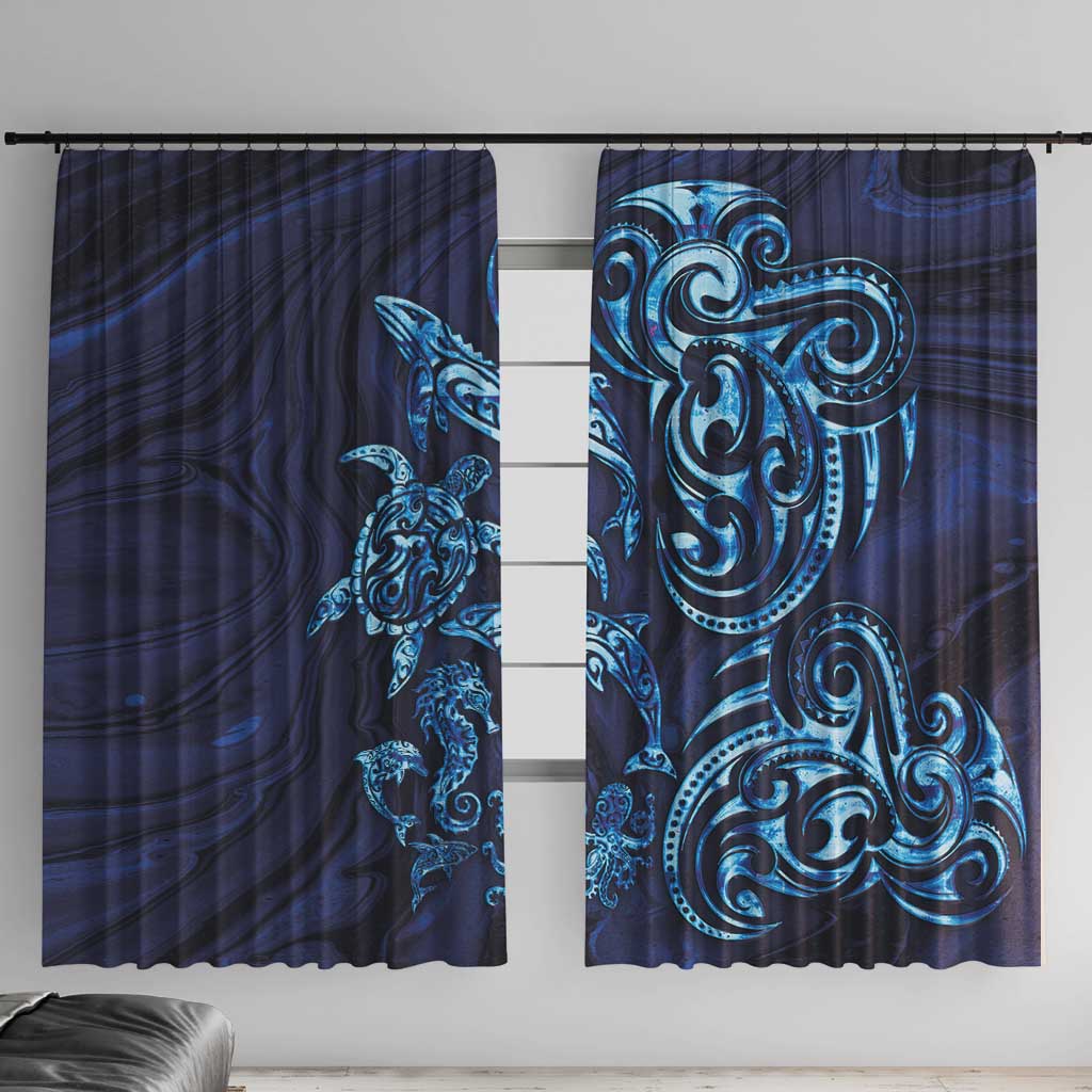 New Zealand Connecting with Seas Window Curtain Maori Tribal and Sea Animals Tattoo - Sea Texture Glass Style LT03 With Hooks Navy - Polynesian Pride
