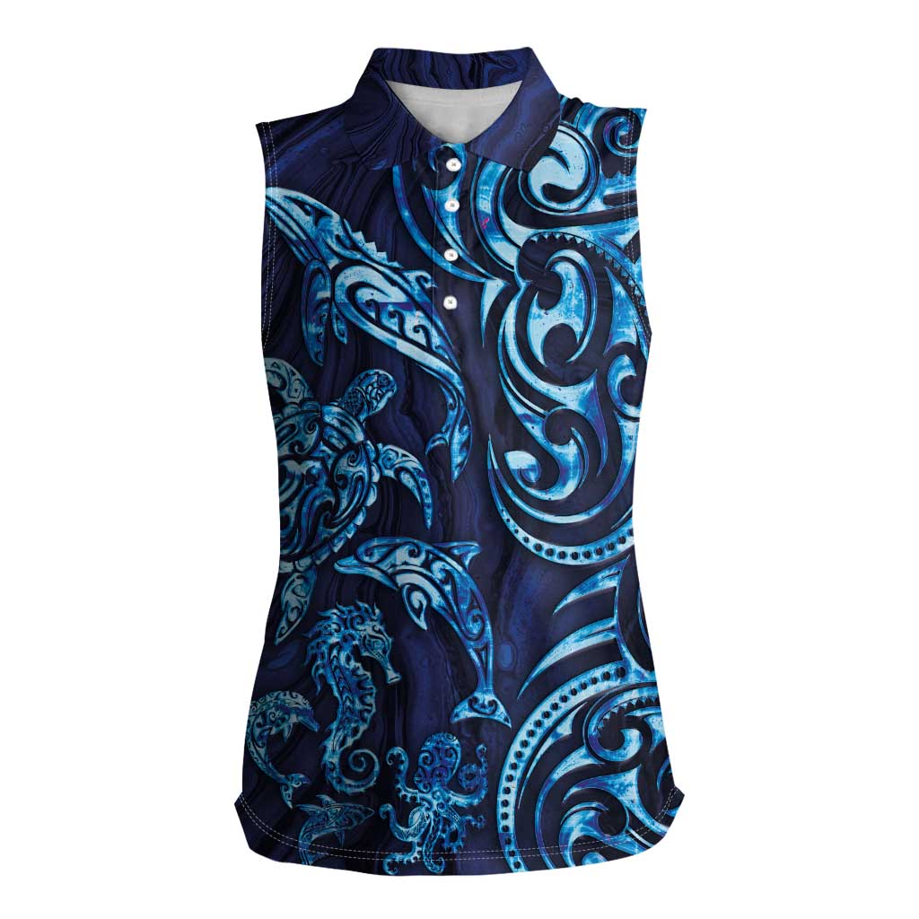 New Zealand Connecting with Seas Women Sleeveless Polo Shirt Maori Tribal and Sea Animals Tattoo - Sea Texture Glass Style