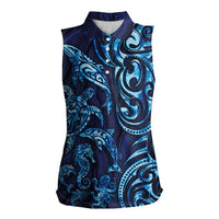 New Zealand Connecting with Seas Women Sleeveless Polo Shirt Maori Tribal and Sea Animals Tattoo - Sea Texture Glass Style