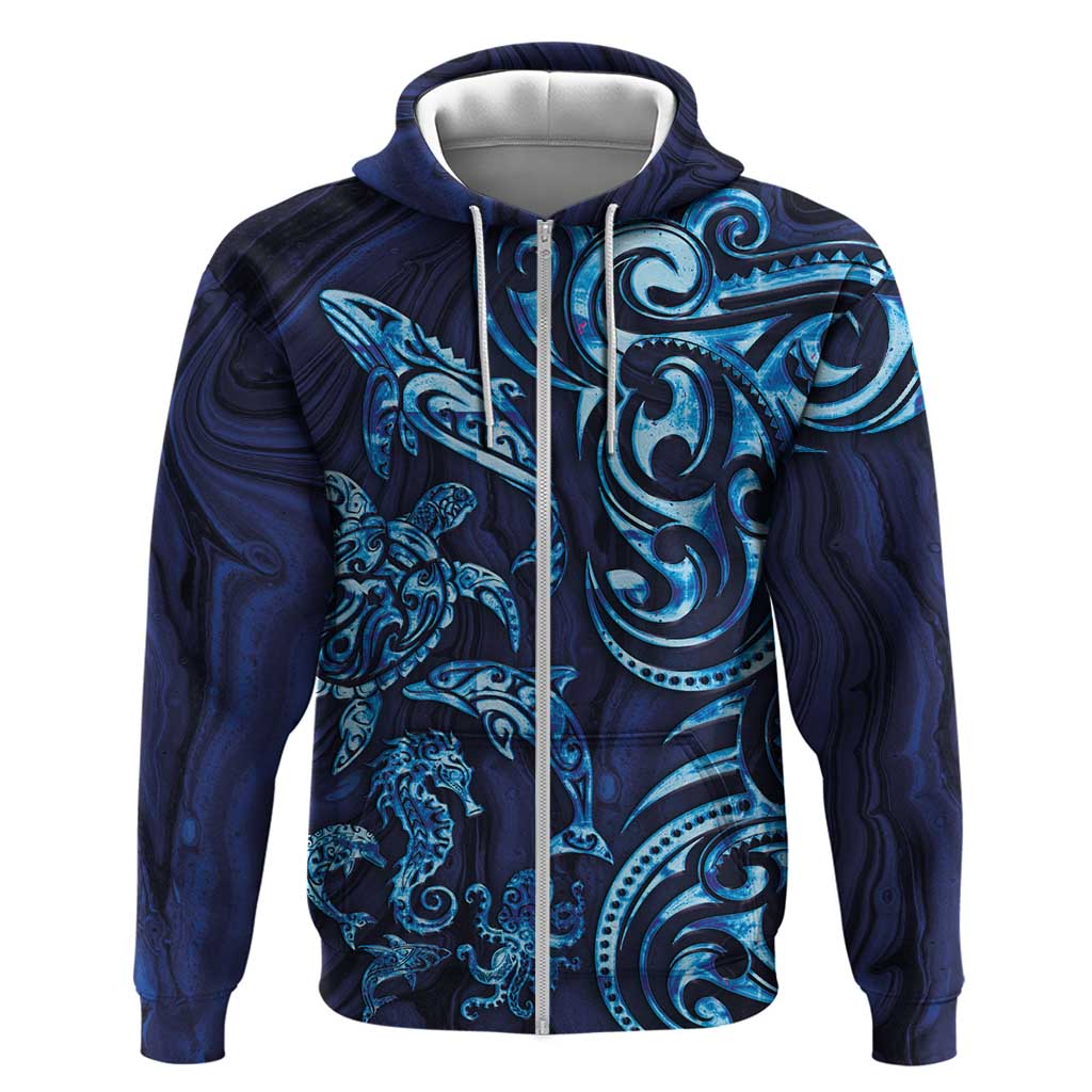 New Zealand Connecting with Seas Zip Hoodie Maori Tribal and Sea Animals Tattoo - Sea Texture Glass Style