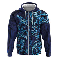 New Zealand Connecting with Seas Zip Hoodie Maori Tribal and Sea Animals Tattoo - Sea Texture Glass Style