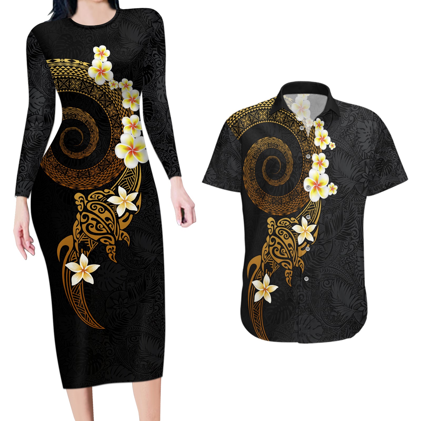 Polynesian Spiral Tribal Tattoo Couples Matching Long Sleeve Bodycon Dress and Hawaiian Shirt Golden Color LT03 Yellow - Polynesian Pride