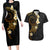 Polynesian Spiral Tribal Tattoo Couples Matching Long Sleeve Bodycon Dress and Hawaiian Shirt Golden Color