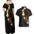 Polynesian Spiral Tribal Tattoo Couples Matching Off Shoulder Maxi Dress and Hawaiian Shirt Golden Color