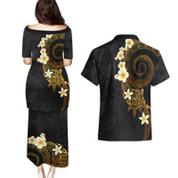 Polynesian Spiral Tribal Tattoo Couples Matching Puletasi and Hawaiian Shirt Golden Color