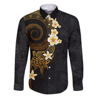 Polynesian Spiral Tribal Tattoo Family Matching Long Sleeve Bodycon Dress and Hawaiian Shirt Golden Color