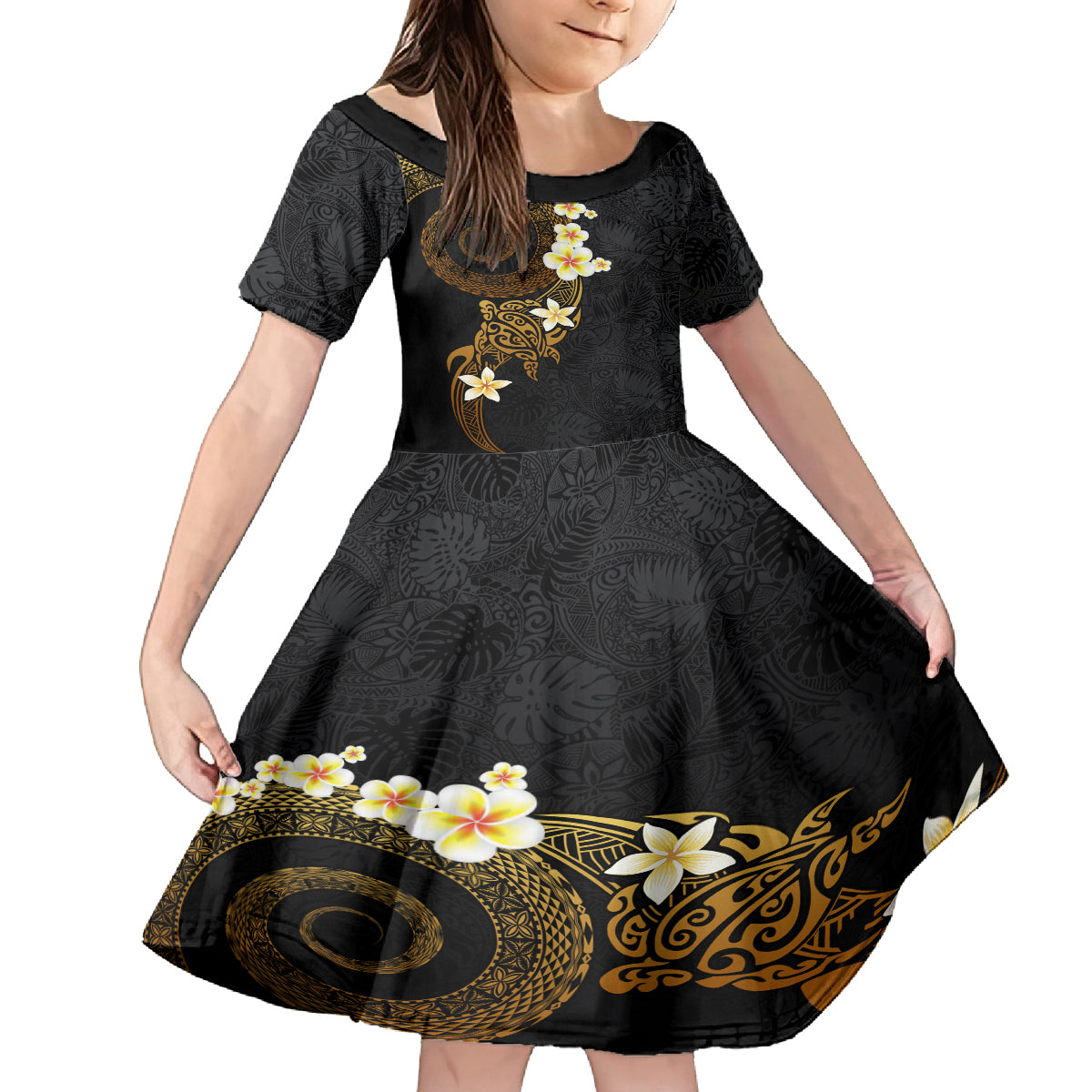 Polynesian Spiral Tribal Tattoo Family Matching Off Shoulder Short Dress and Hawaiian Shirt Golden Color LT03 Daughter's Dress Yellow - Polynesian Pride