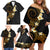 Polynesian Spiral Tribal Tattoo Family Matching Off Shoulder Short Dress and Hawaiian Shirt Golden Color