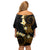 Polynesian Spiral Tribal Tattoo Family Matching Off Shoulder Short Dress and Hawaiian Shirt Golden Color