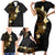 Polynesian Spiral Tribal Tattoo Family Matching Short Sleeve Bodycon Dress and Hawaiian Shirt Golden Color