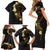 Polynesian Spiral Tribal Tattoo Family Matching Short Sleeve Bodycon Dress and Hawaiian Shirt Golden Color