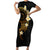 Polynesian Spiral Tribal Tattoo Family Matching Short Sleeve Bodycon Dress and Hawaiian Shirt Golden Color