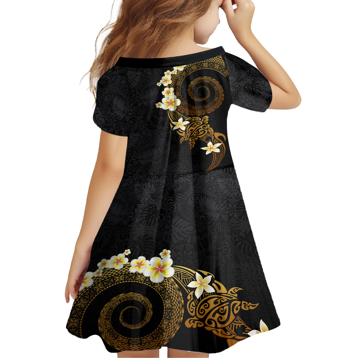 Polynesian Spiral Tribal Tattoo Kid Short Sleeve Dress Golden Color