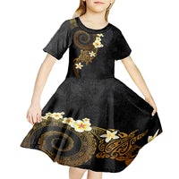 Polynesian Spiral Tribal Tattoo Kid Short Sleeve Dress Golden Color