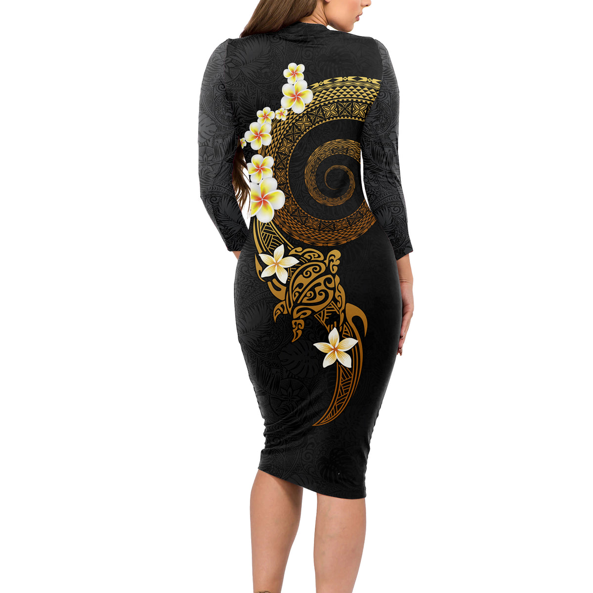 Polynesian Spiral Tribal Tattoo Long Sleeve Bodycon Dress Golden Color