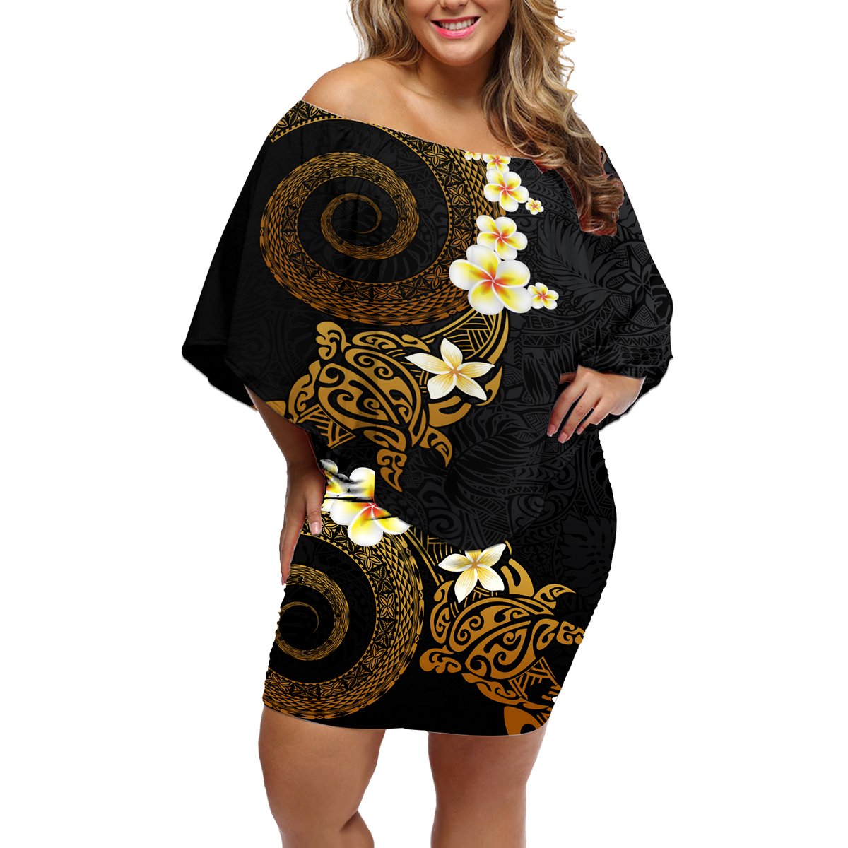 Polynesian Spiral Tribal Tattoo Off Shoulder Short Dress Golden Color LT03 Women Yellow - Polynesian Pride