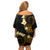 Polynesian Spiral Tribal Tattoo Off Shoulder Short Dress Golden Color