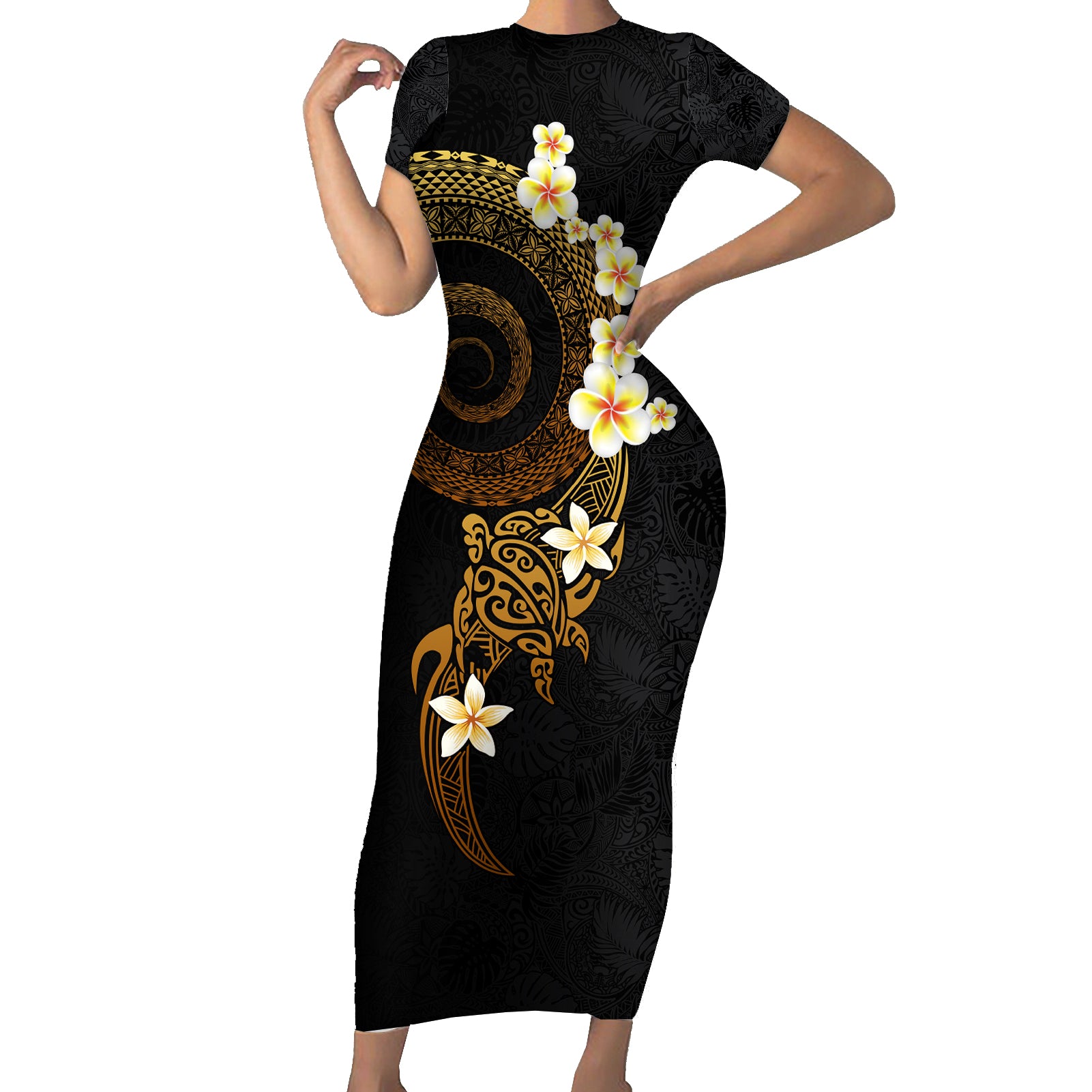 Polynesian Spiral Tribal Tattoo Short Sleeve Bodycon Dress Golden Color