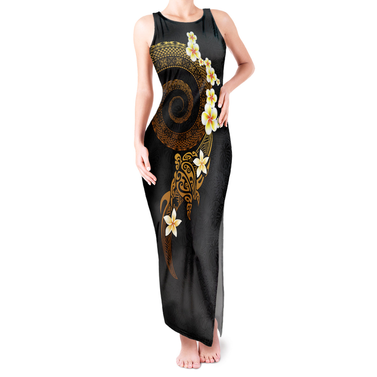 Polynesian Spiral Tribal Tattoo Tank Maxi Dress Golden Color