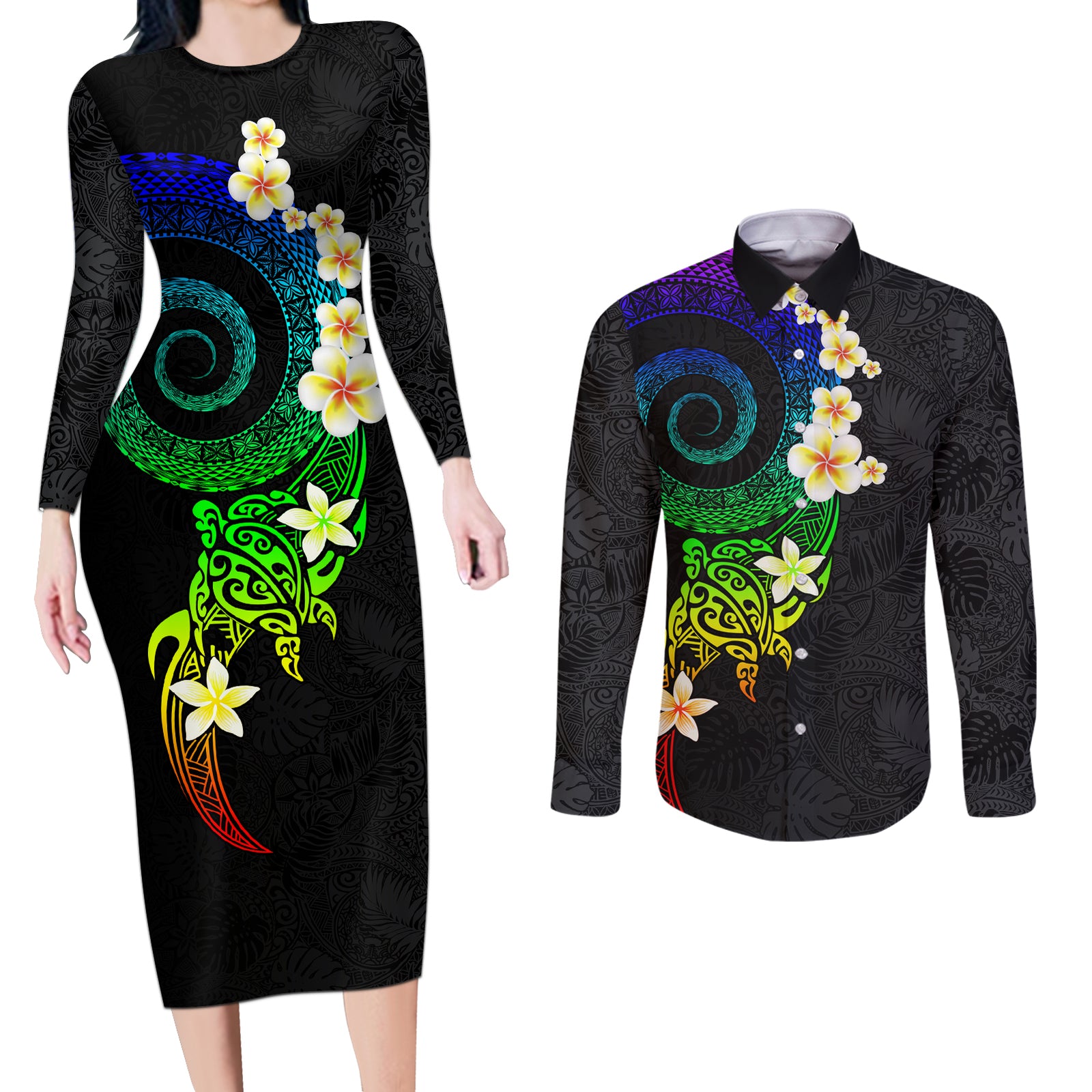 Polynesian Spiral Tribal Tattoo Couples Matching Long Sleeve Bodycon Dress and Long Sleeve Button Shirt Fanciful Color LT03 Black - Polynesian Pride