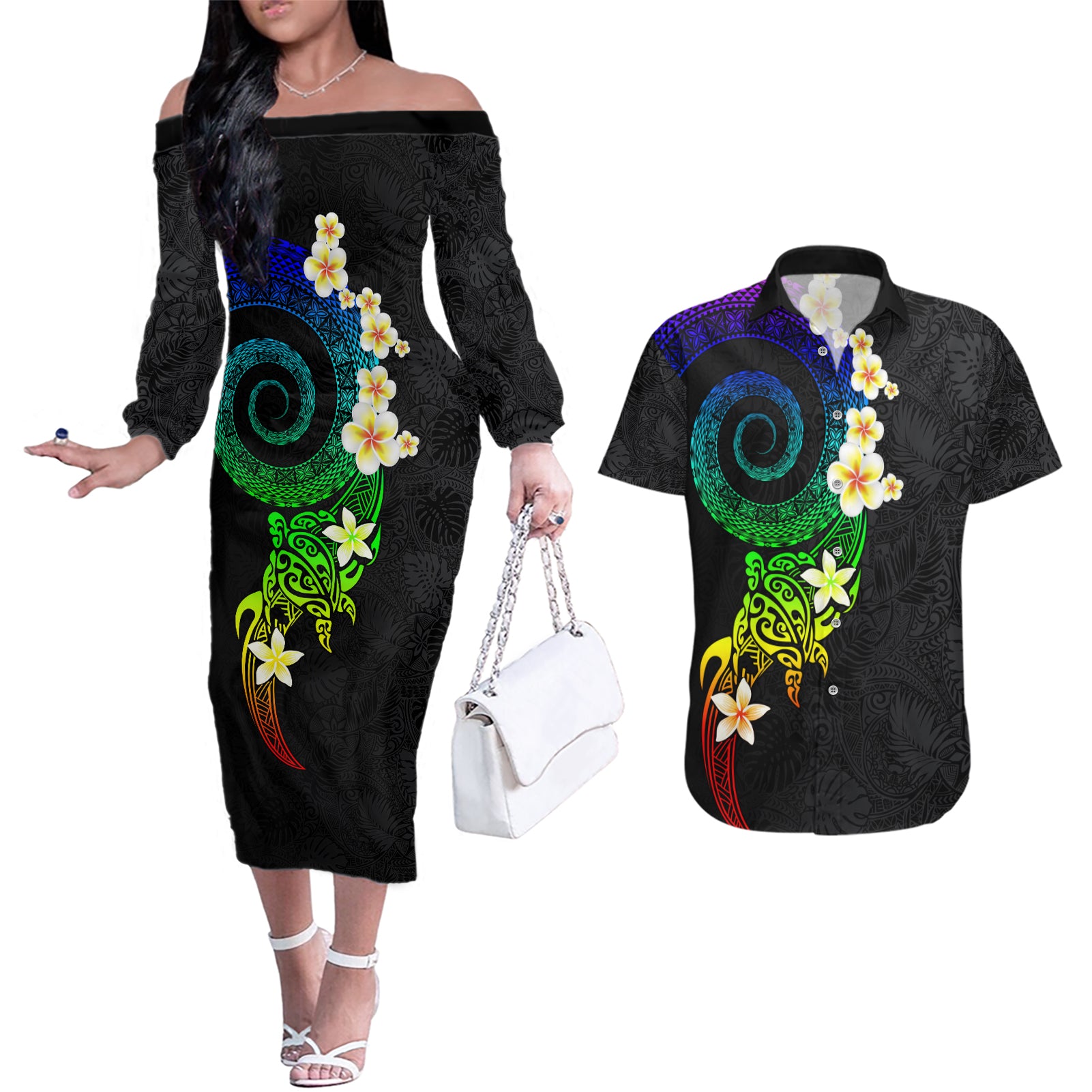 Polynesian Spiral Tribal Tattoo Couples Matching Off The Shoulder Long Sleeve Dress and Hawaiian Shirt Fanciful Color