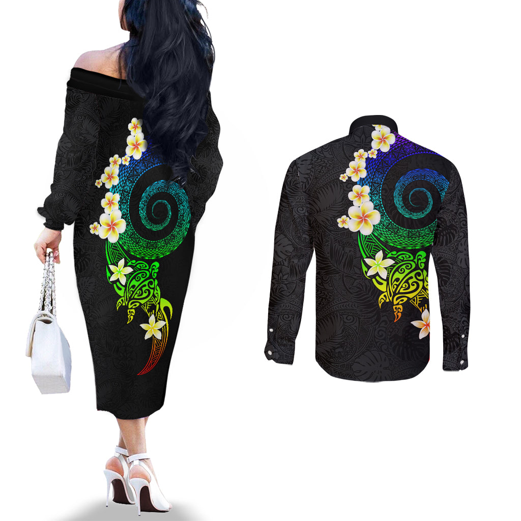 Polynesian Spiral Tribal Tattoo Couples Matching Off The Shoulder Long Sleeve Dress and Long Sleeve Button Shirt Fanciful Color