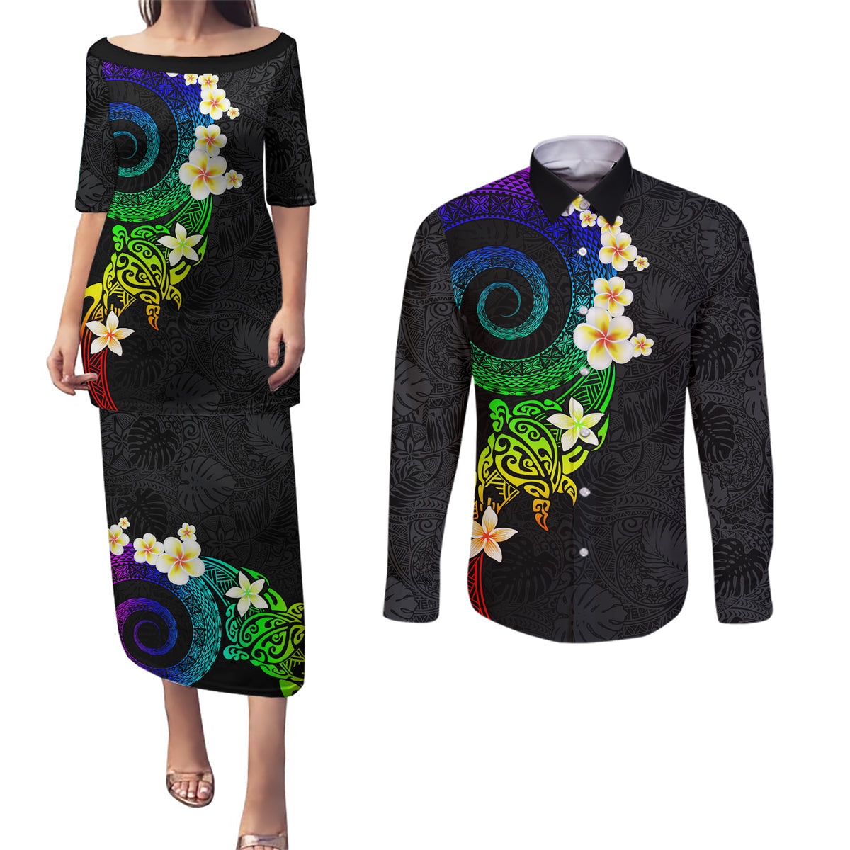 Polynesian Spiral Tribal Tattoo Couples Matching Puletasi and Long Sleeve Button Shirt Fanciful Color LT03 Black - Polynesian Pride
