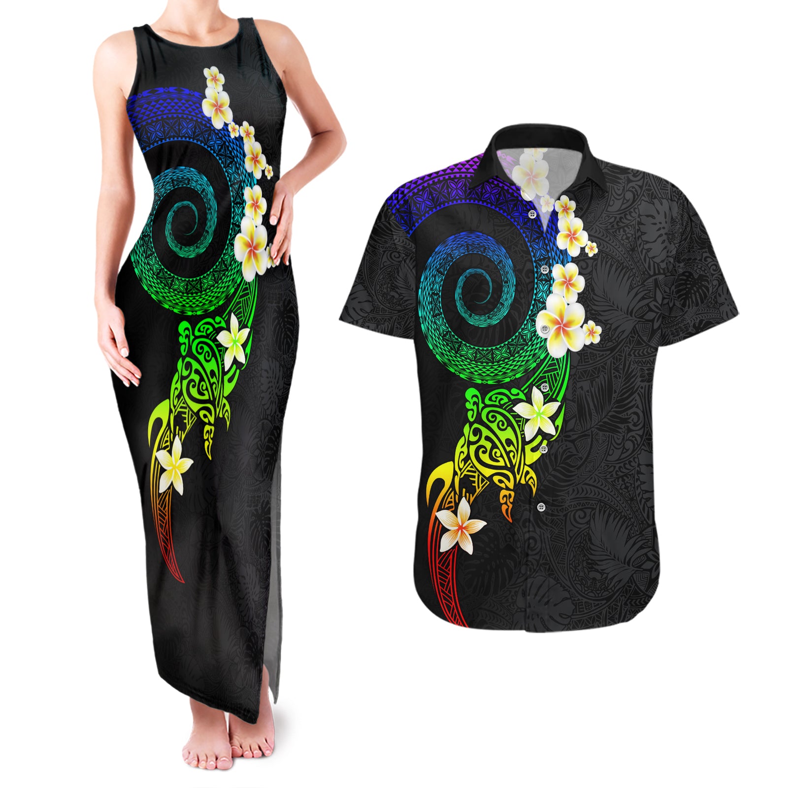 Polynesian Spiral Tribal Tattoo Couples Matching Tank Maxi Dress and Hawaiian Shirt Fanciful Color LT03 Black - Polynesian Pride