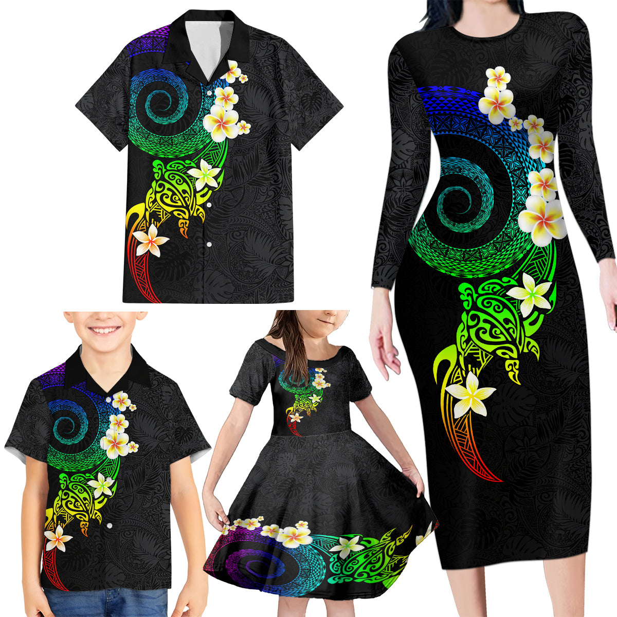 Polynesian Spiral Tribal Tattoo Family Matching Long Sleeve Bodycon Dress and Hawaiian Shirt Fanciful Color