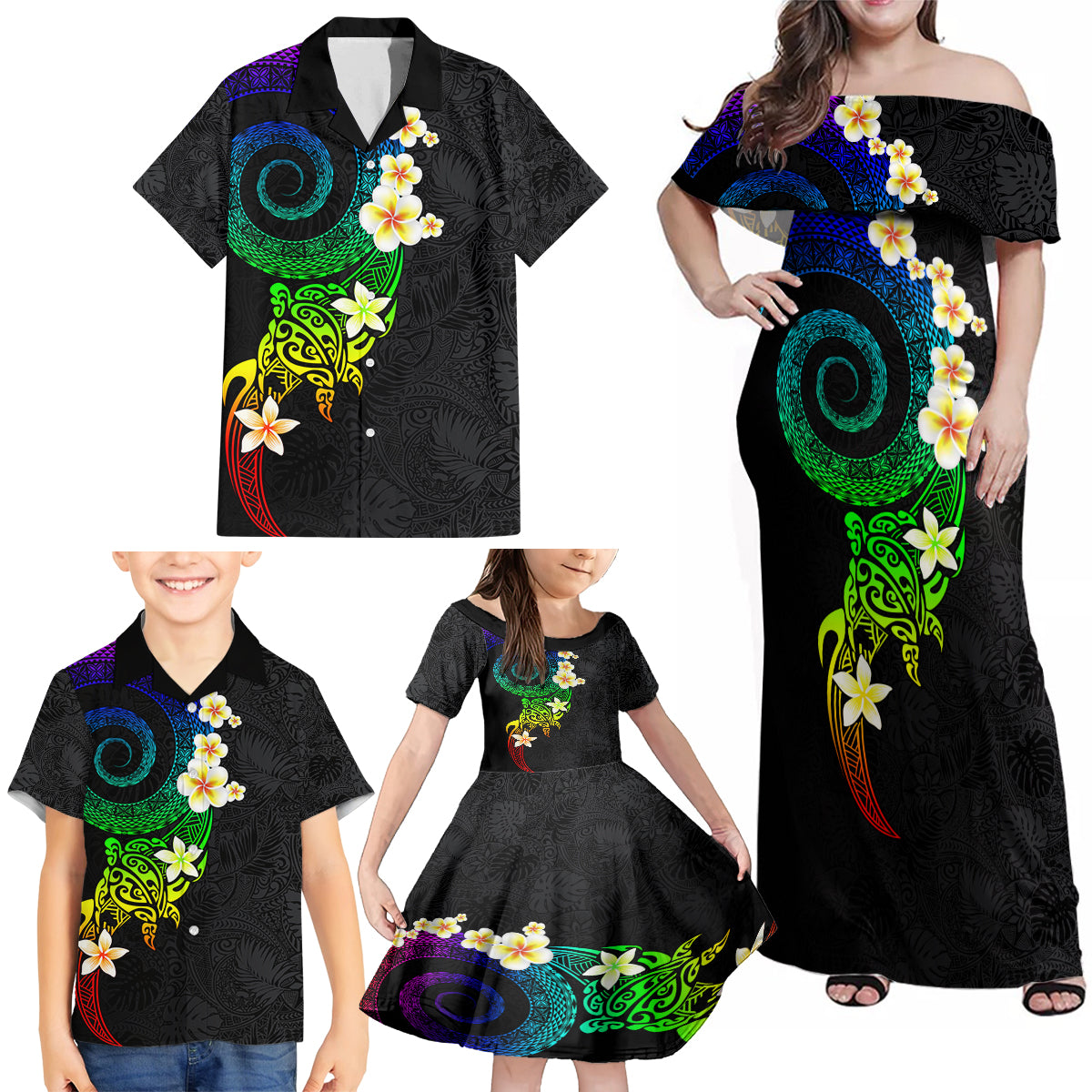 Polynesian Spiral Tribal Tattoo Family Matching Off Shoulder Maxi Dress and Hawaiian Shirt Fanciful Color