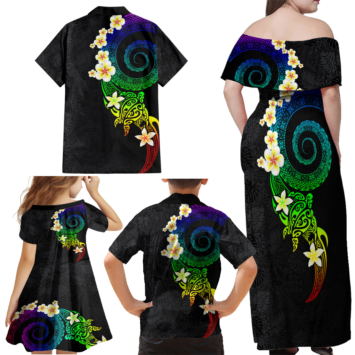 Polynesian Spiral Tribal Tattoo Family Matching Off Shoulder Maxi Dress and Hawaiian Shirt Fanciful Color