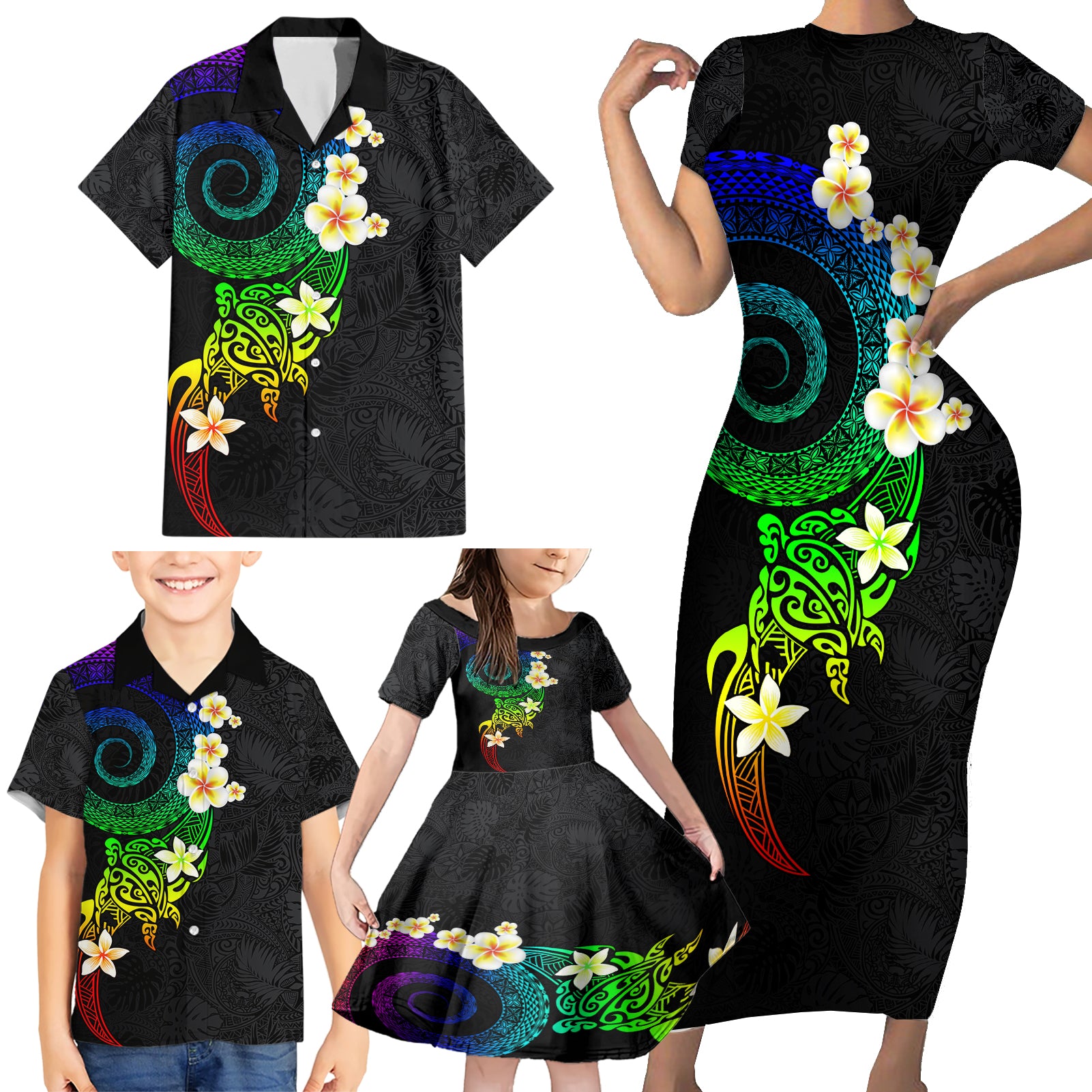 Polynesian Spiral Tribal Tattoo Family Matching Short Sleeve Bodycon Dress and Hawaiian Shirt Fanciful Color