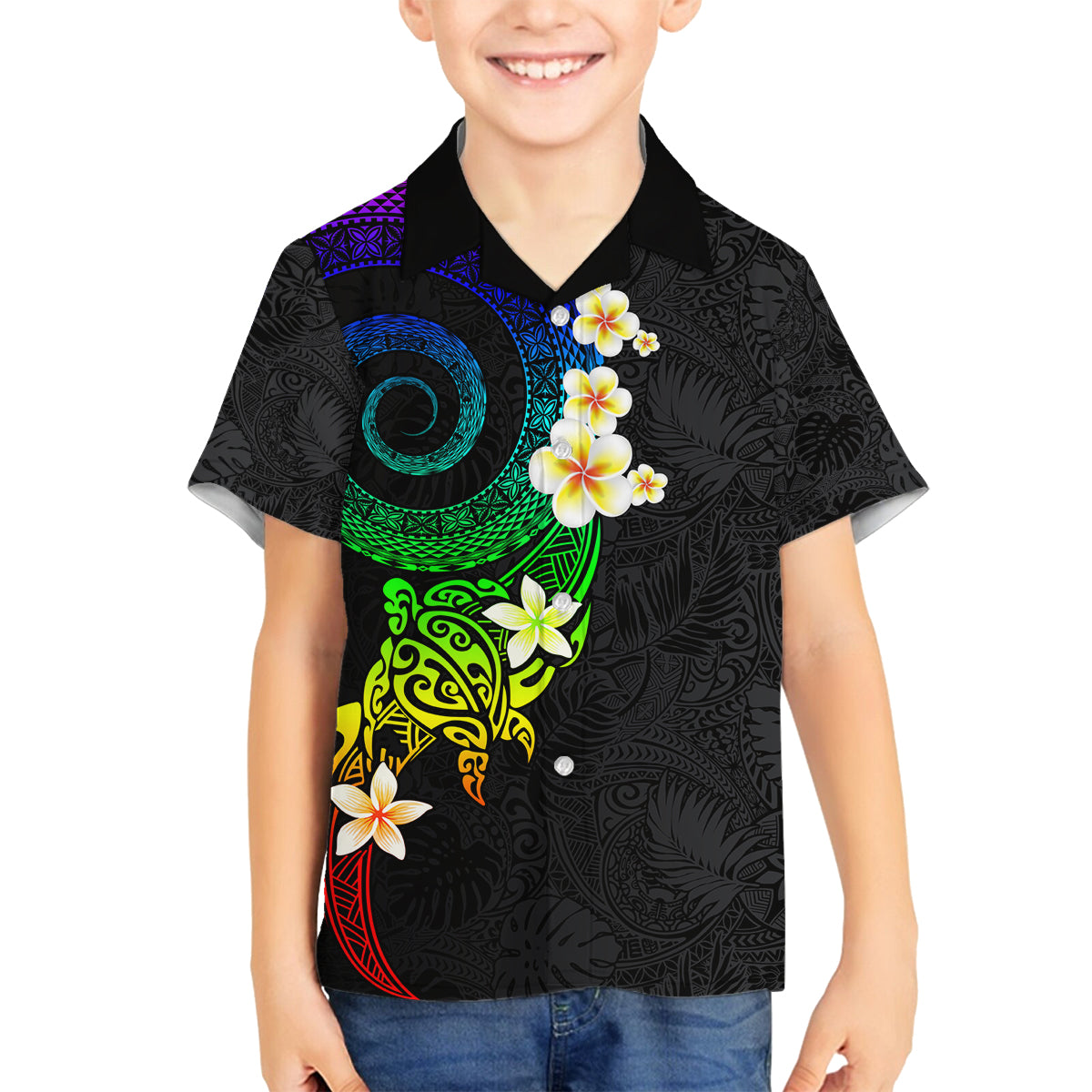 Polynesian Spiral Tribal Tattoo Family Matching Summer Maxi Dress and Hawaiian Shirt Fanciful Color LT03 Son's Shirt Black - Polynesian Pride