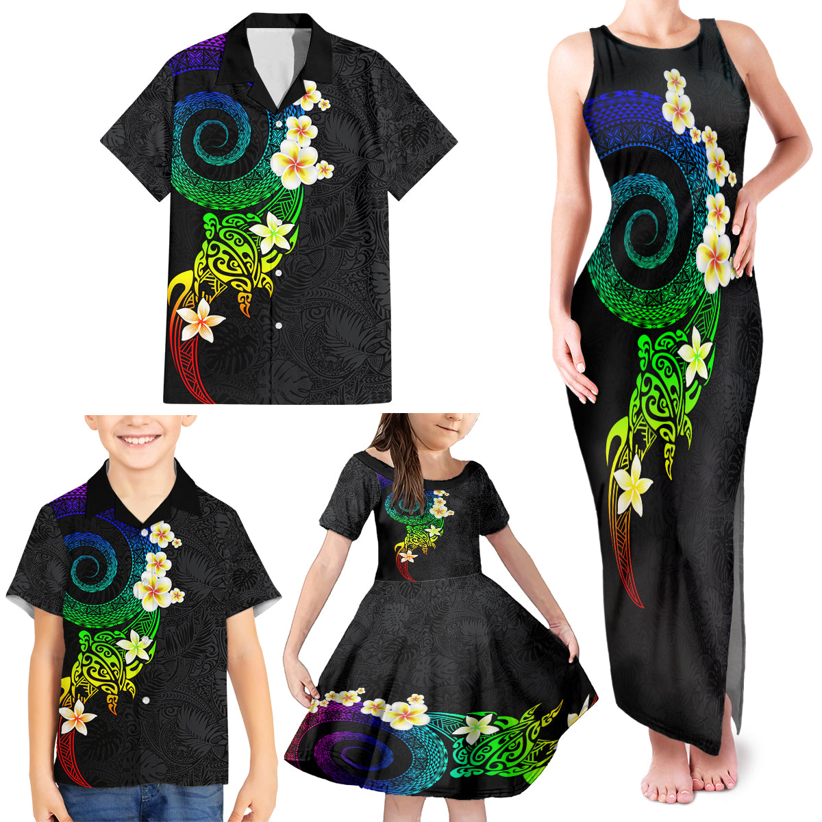 Polynesian Spiral Tribal Tattoo Family Matching Tank Maxi Dress and Hawaiian Shirt Fanciful Color