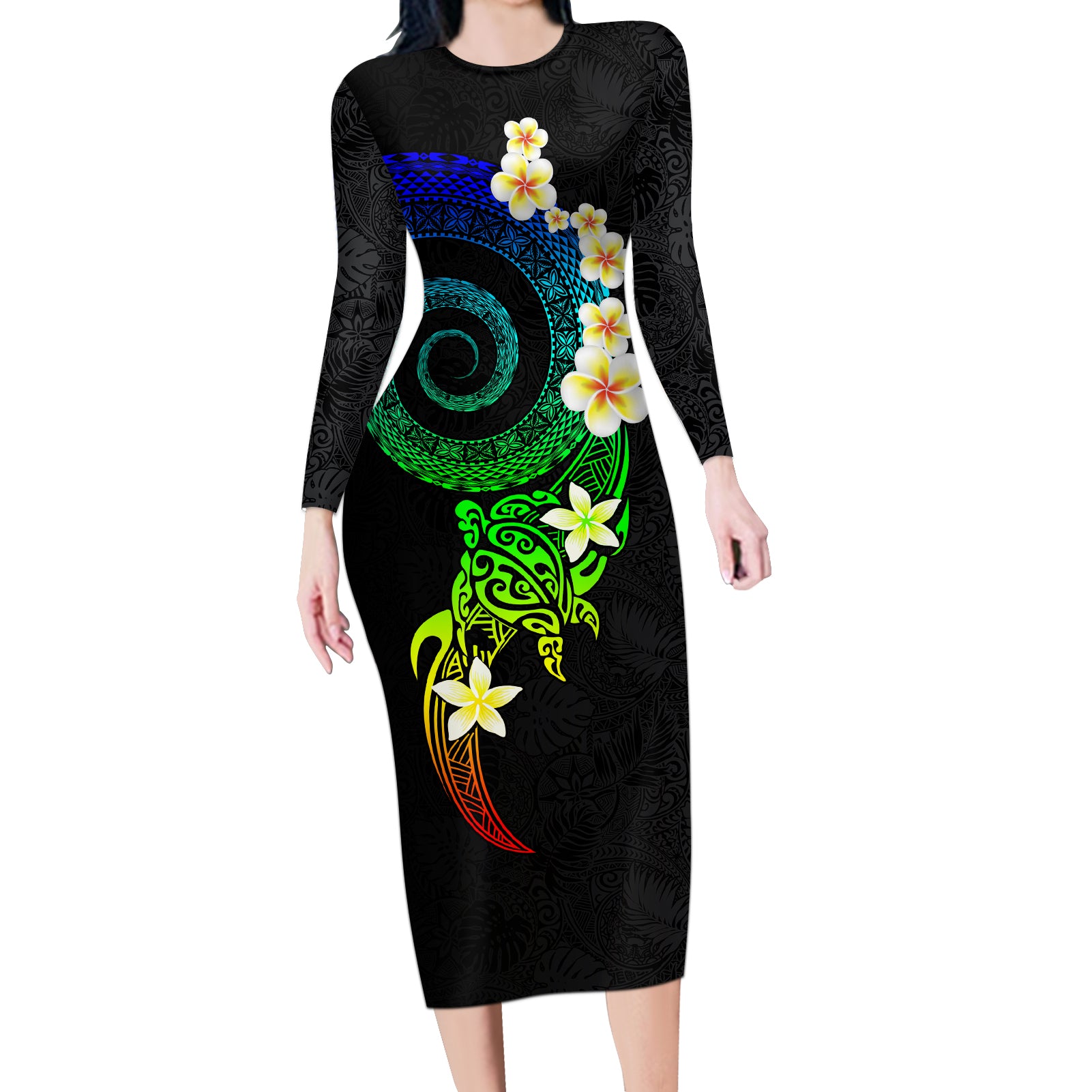 Polynesian Spiral Tribal Tattoo Long Sleeve Bodycon Dress Fanciful Color