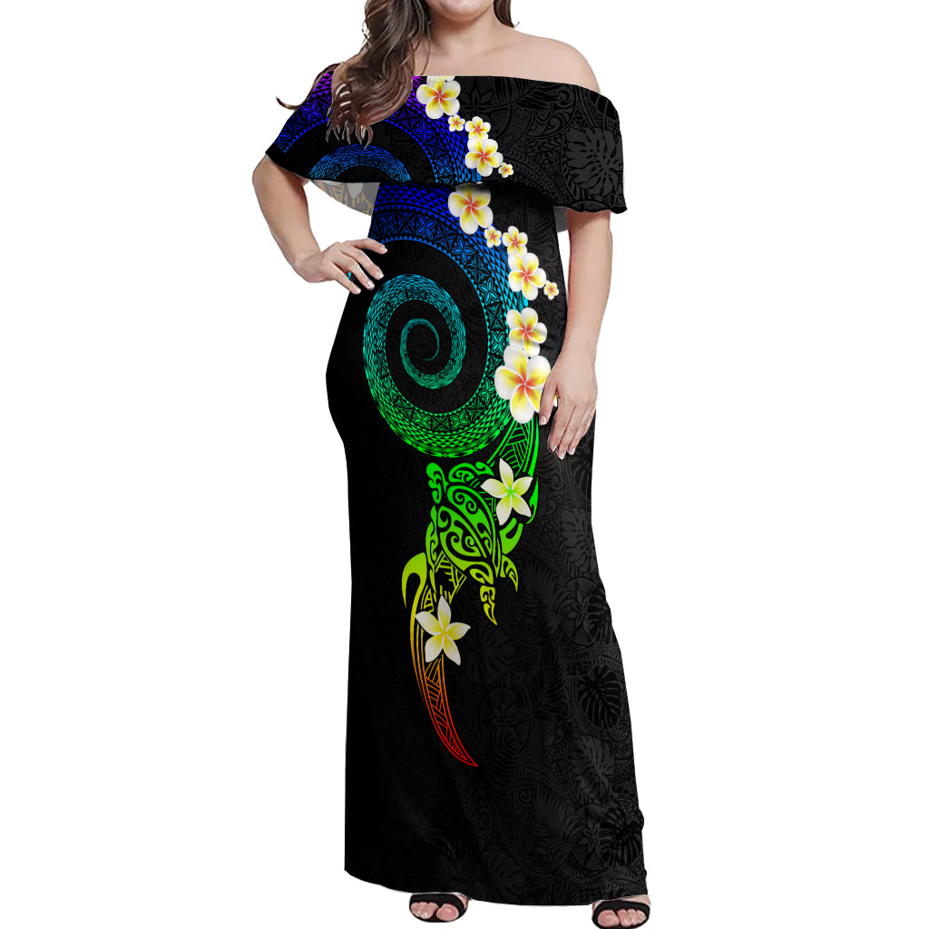 Polynesian Spiral Tribal Tattoo Off Shoulder Maxi Dress Fanciful Color LT03 Women Black - Polynesian Pride