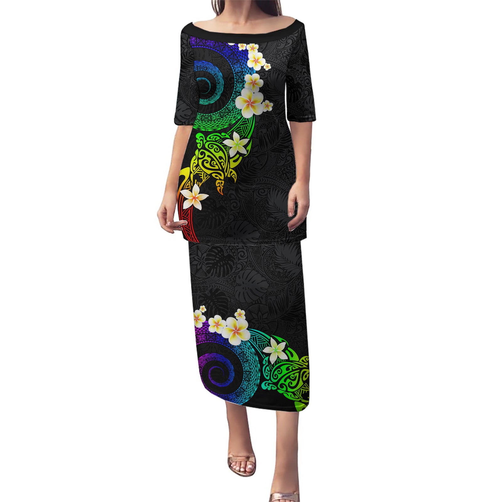 Polynesian Spiral Tribal Tattoo Puletasi Fanciful Color LT03 Long Dress Black - Polynesian Pride