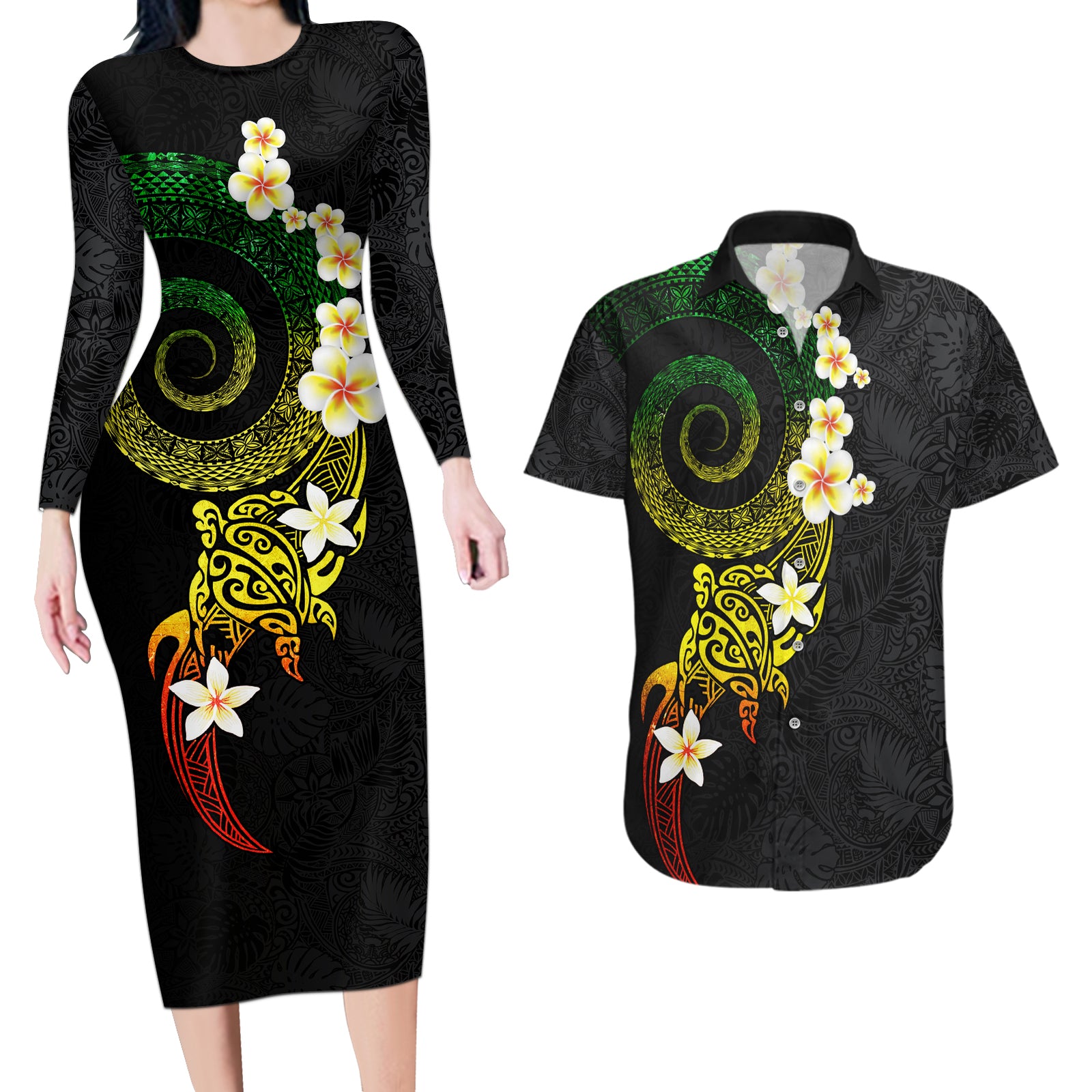 Polynesian Spiral Tribal Tattoo Couples Matching Long Sleeve Bodycon Dress and Hawaiian Shirt Reggae Color LT03 Reggae - Polynesian Pride