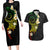 Polynesian Spiral Tribal Tattoo Couples Matching Long Sleeve Bodycon Dress and Hawaiian Shirt Reggae Color