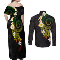 Polynesian Spiral Tribal Tattoo Couples Matching Off Shoulder Maxi Dress and Long Sleeve Button Shirt Reggae Color LT03 - Polynesian Pride