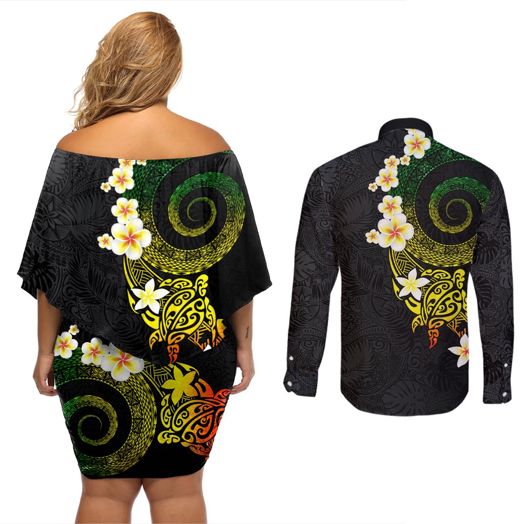 Polynesian Spiral Tribal Tattoo Couples Matching Off Shoulder Short Dress and Long Sleeve Button Shirt Reggae Color LT03 - Polynesian Pride